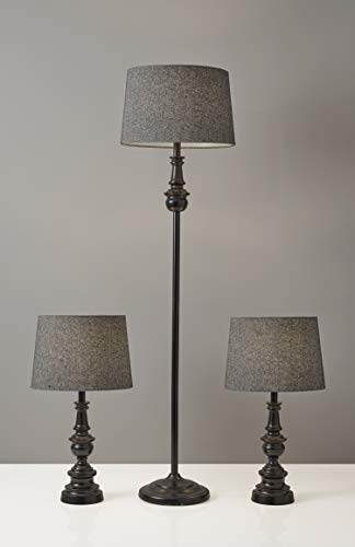 3-Piece Lamp Set with Bronze Base & Dark Herringbone Shade