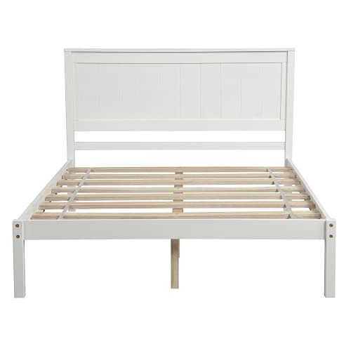 Rustic Style Wooden Bed with Wood Slat Support, No Box Spring Needed, Full Size, White