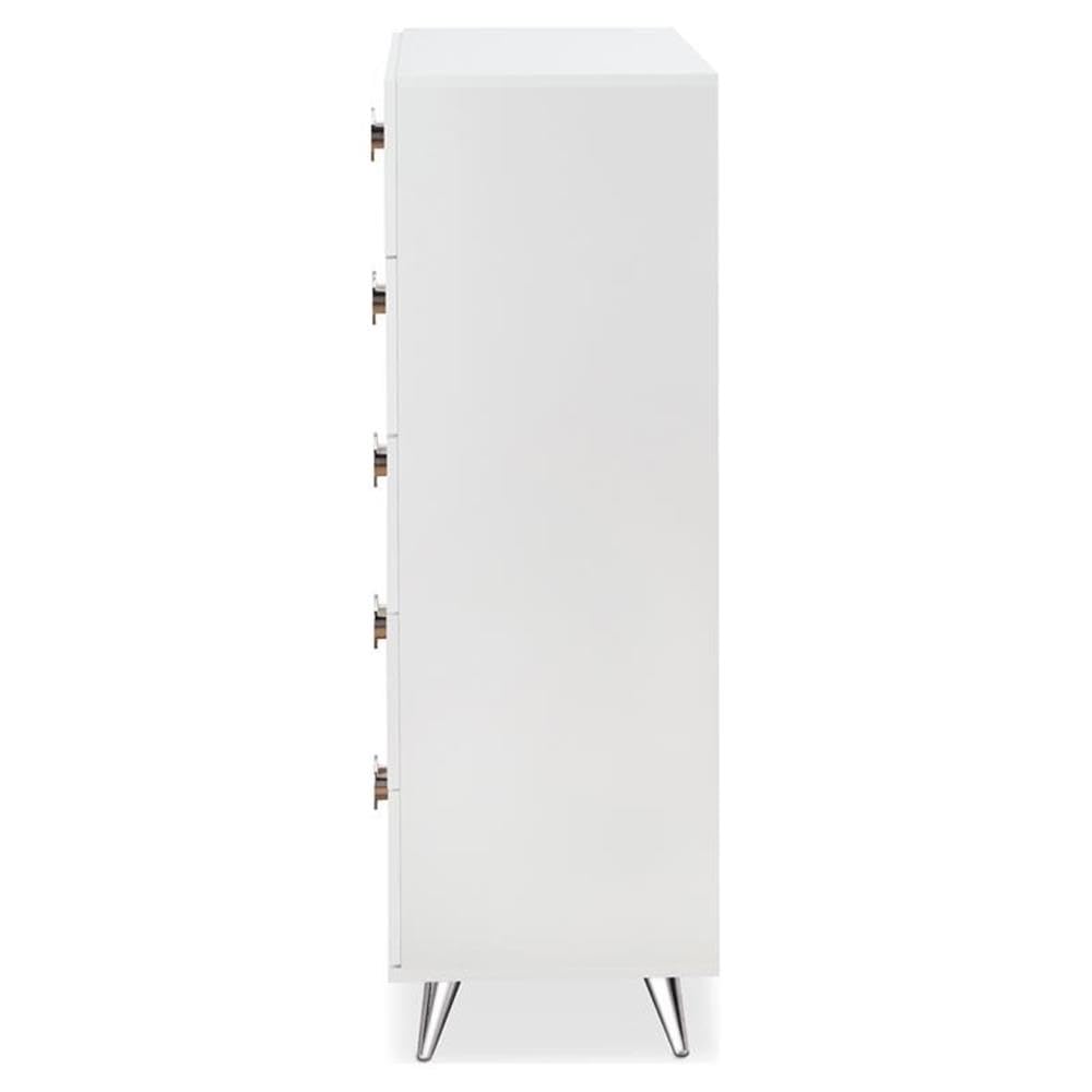 Acme Elms Wooden Rectangular Chest with 5 Storage Drawers in White and Chrome