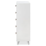 Acme Elms Wooden Rectangular Chest with 5 Storage Drawers in White and Chrome