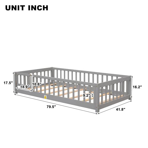 Platform Bed with Fence, Wooden Playpen Bed for Kids, Kids Fence Bed with Door, No Box Spring Needed (Grey)