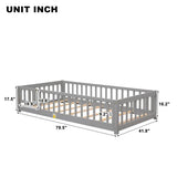 Platform Bed with Fence, Wooden Playpen Bed for Kids, Kids Fence Bed with Door, No Box Spring Needed (Grey)