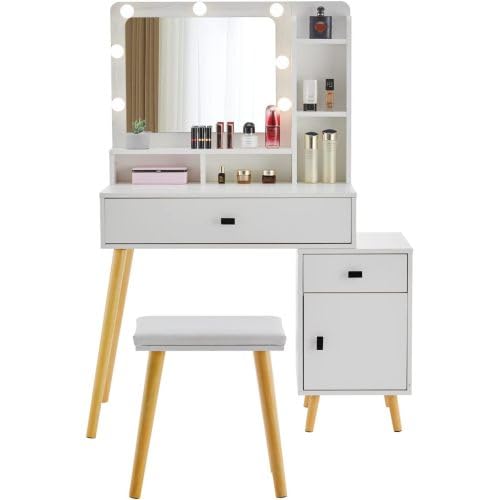 Dressing Table with LED Mirror, Light Adjustable Brightness, Dressing Table with Padded