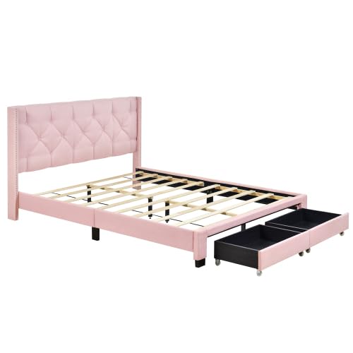 Queen Size Storage Bed Linen Upholstered Platform Bed with Two Drawers, Pink