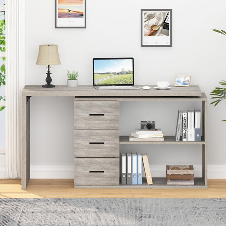 360° Rotating L-Shaped Desk - Black Oak Finish with Drawers & Shelves