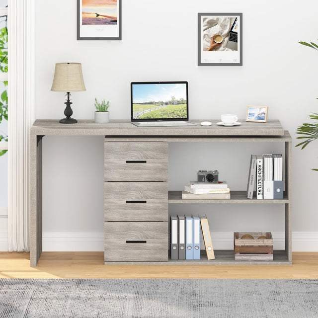 360° Rotating L-Shaped Desk - Black Oak Finish with Drawers & Shelves