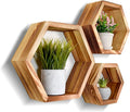 Set of 3 Pine Wood Hexagon Shelves for Wall Decor - Farmhouse Honeycomb Shelves