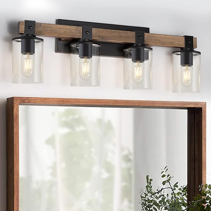 Rustic Wood Vanity Lights,3-Light Farmhouse Bathroom Lighting Fixtures