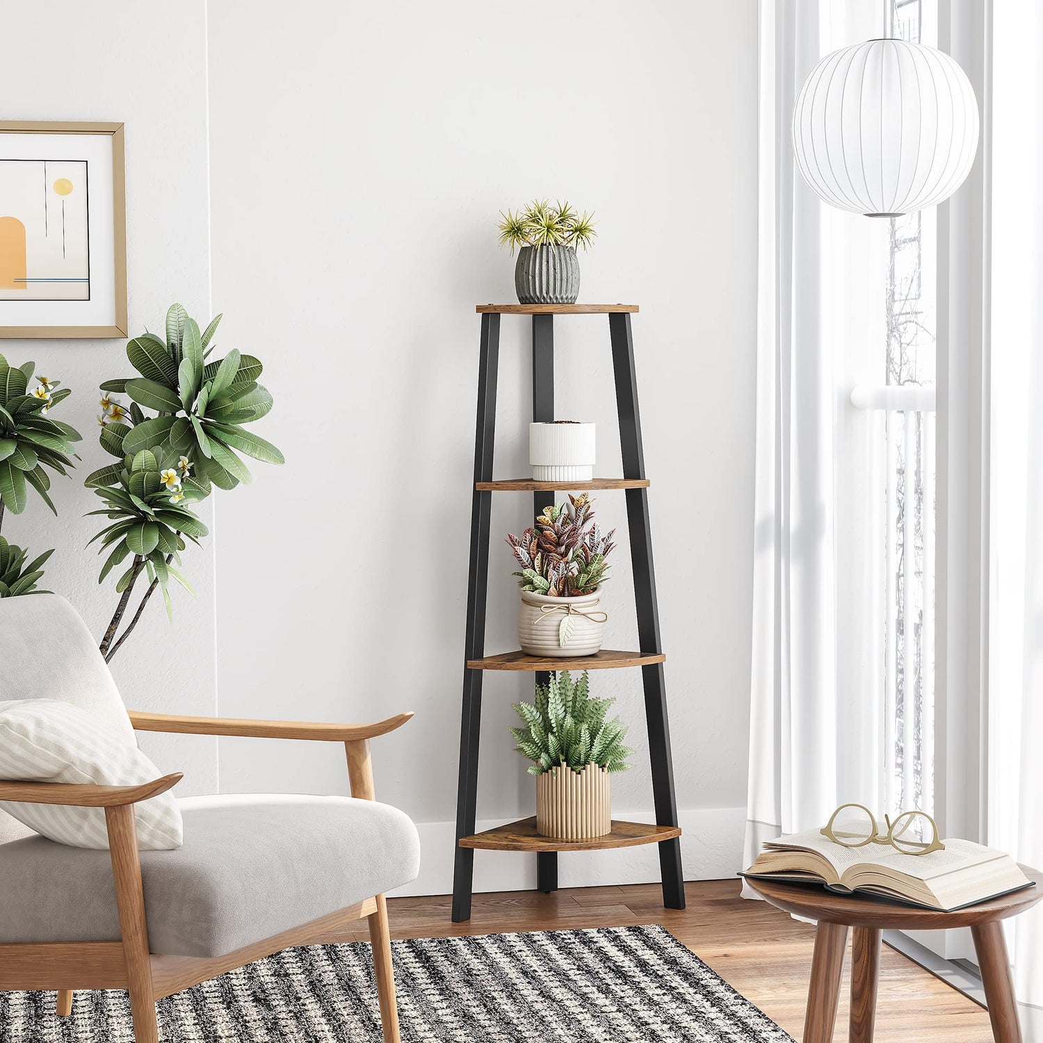 4-Tier Industrial Corner Shelf Stand – Rustic Brown Ladder Bookshelf