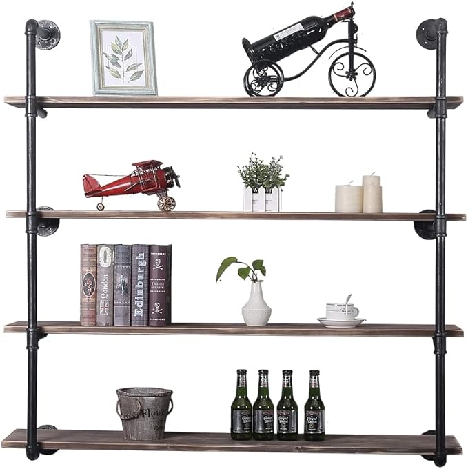 Industrial Pipe Shelving Wall Mounted,Rustic Metal Floating Shelves,Real Wood Book