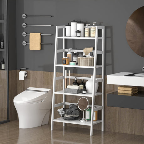 4-tier bamboo ladder shelf in white for books and decor