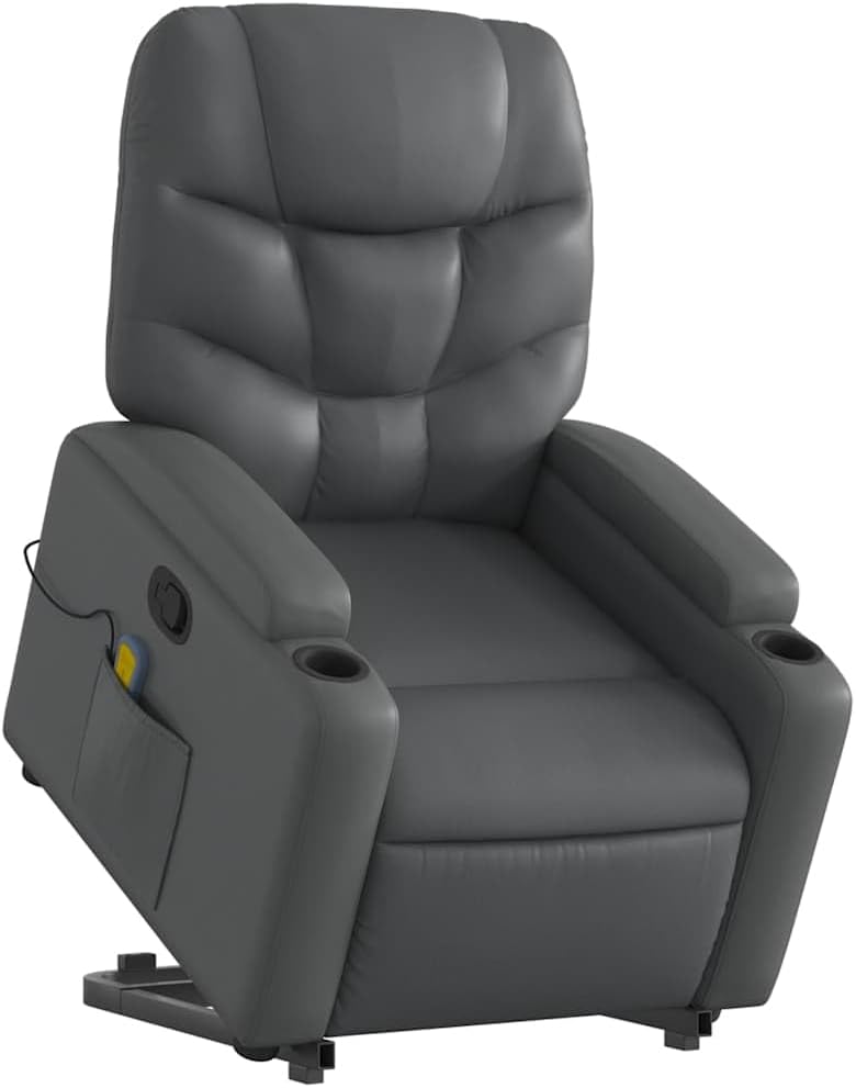 Power Lift Massage Recliner Chair - Faux Leather Armchair with Cup Holders, Manual Recline, USB-Powered Vibration, Gray