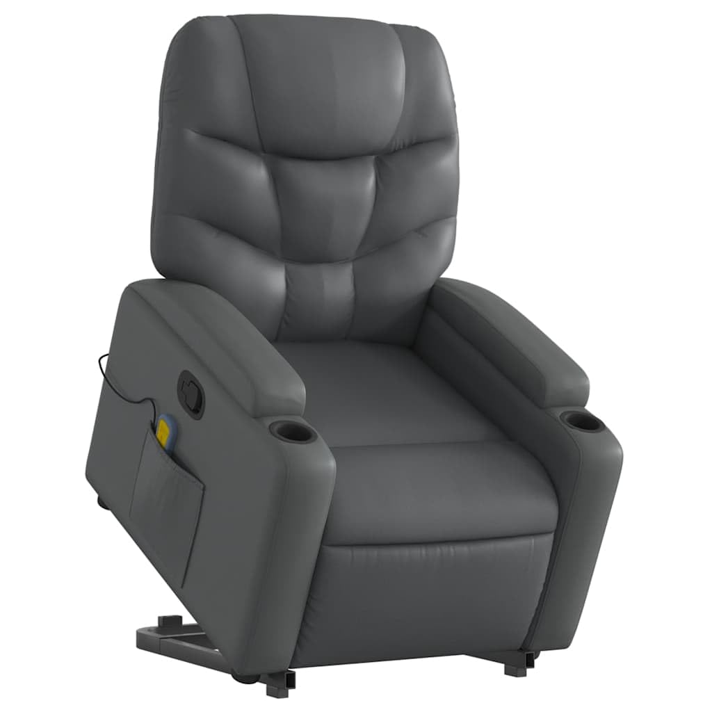 Power Lift Massage Recliner Chair - Faux Leather Armchair with Cup Holders, Manual Recline, USB-Powered Vibration, Gray