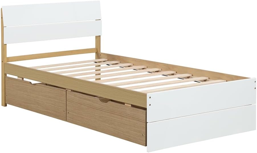 Bed Frame, with 2 Drawers, White High Gloss Headboard Footboard, No Spring Box Needed,