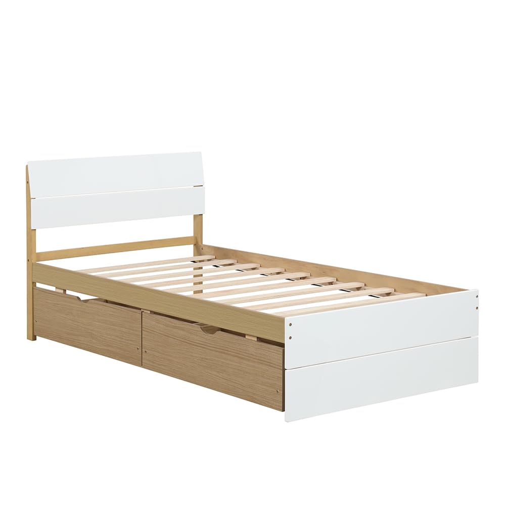 Bed Frame, with 2 Drawers, White High Gloss Headboard Footboard, No Spring Box Needed,