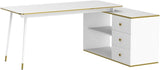 Home Office Computer Desk Corner Desk with 3 Drawers, 2 Open Shelves & Gold Lines