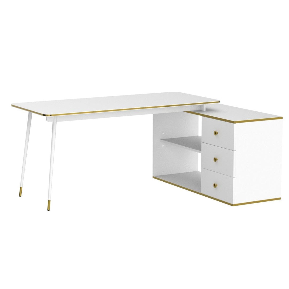 Home Office Computer Desk Corner Desk with 3 Drawers, 2 Open Shelves & Gold Lines