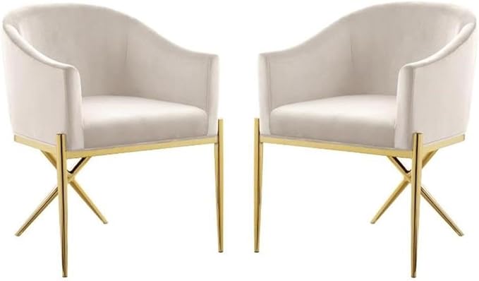 2 Piece Velvet Contemporary Dining Room Arm Chair Set with Gold Metal Legs