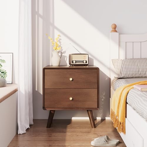 Mid Century Modern Nightstand, Walnut Oak Solid Wood Night Stand with 2 Drawers