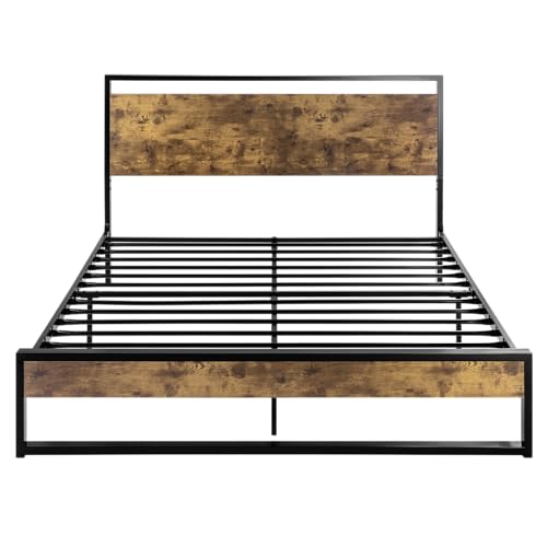 Full Metal Bed Frame with Rustic Headboard & Footboard, Sturdy Frame Construction