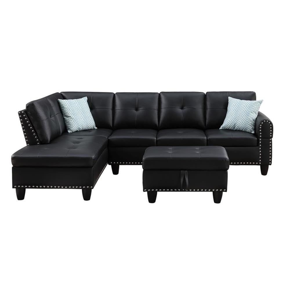 Transitional PU Faux Leather Sectional Sofa with Lift-top Storage Ottoman