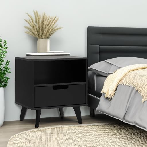 Raelyn Mid-Century Modern 1-Drawer Nightstand, 20 Inch, Black