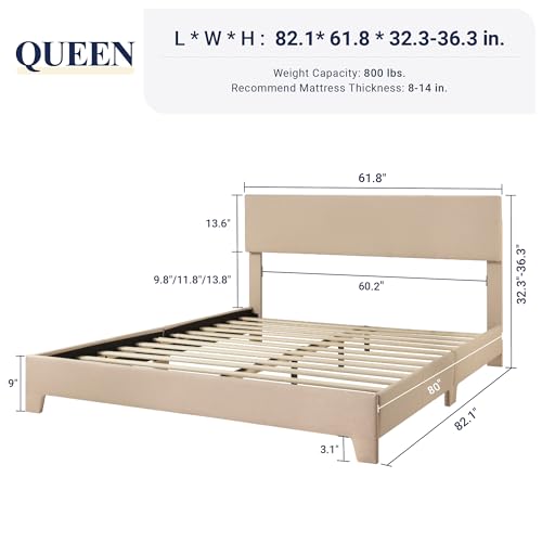 Queen Size Bed Frame with Adjustable Headboard, Upholstered Platform Bed with Wood