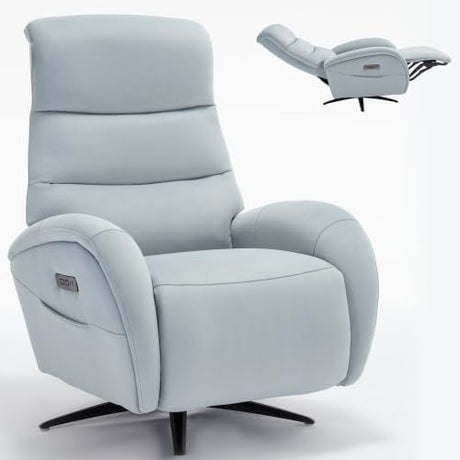 Recliner Chair, Swivel Recliner with USB & Type-C Ports, Blue Breathable Leather Recliner