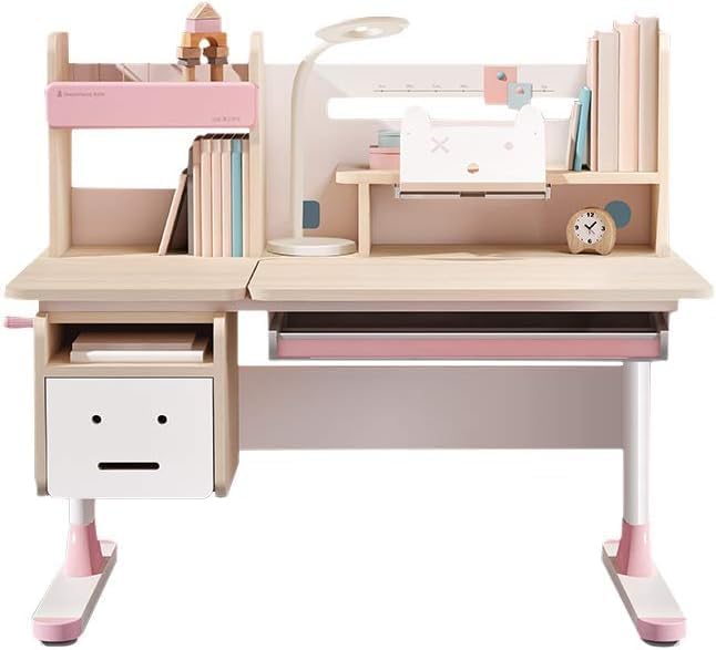 Height Kids Study Desk Drafting Table Computer Station Built-in Bookshelf Hutch Multi