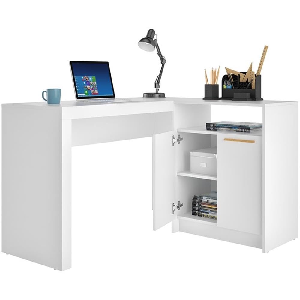 L-Shaped Mid-Century Solid Wood Writing Desk in White