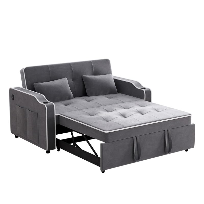 Sleeper Sofa Bed with USB Port, Velvet Pull Out Couch Bed, 3-in-1 Convertible