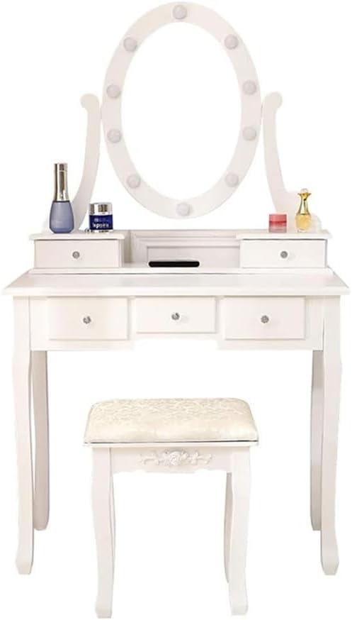 Makeup Vanity Set with Cushioned Stool, Wooden Dressing Table with Oval Mirror and Lights