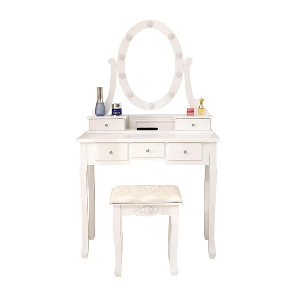 Makeup Vanity Set with Cushioned Stool, Wooden Dressing Table with Oval Mirror and Lights