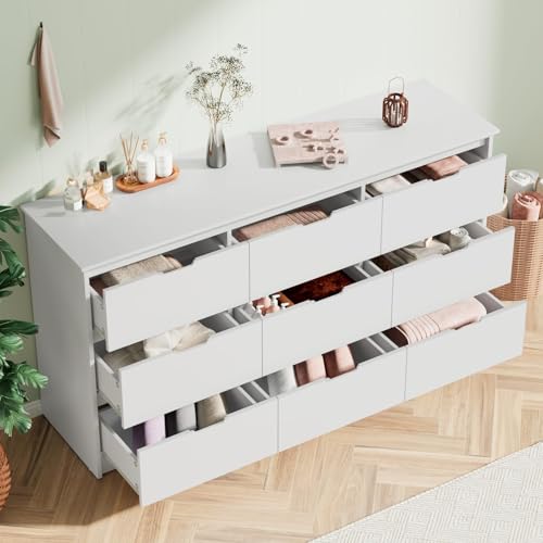 9 Drawer White Dresser for Bedroom with Deep Drawers, Large Dressers & Chest of Drawers Handle Free, Modern Long Dressers for Closet Bedroom, Living Room (59.25" W x 15.9" D x 31.9" H)