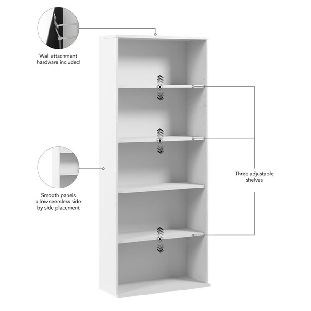 Hustle Tall 5 Shelf Bookcase in White, Large Freestanding Bookshelf for Home Office