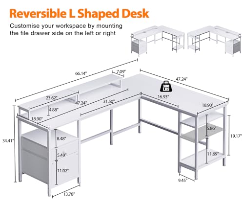 Furologee White 66" L Shaped Desk with Shelves, Reversible Corner Computer Desk with File Drawer & Dual Monitor Stand, Large Home Office Desk Writing Study Gaming Table Workstation