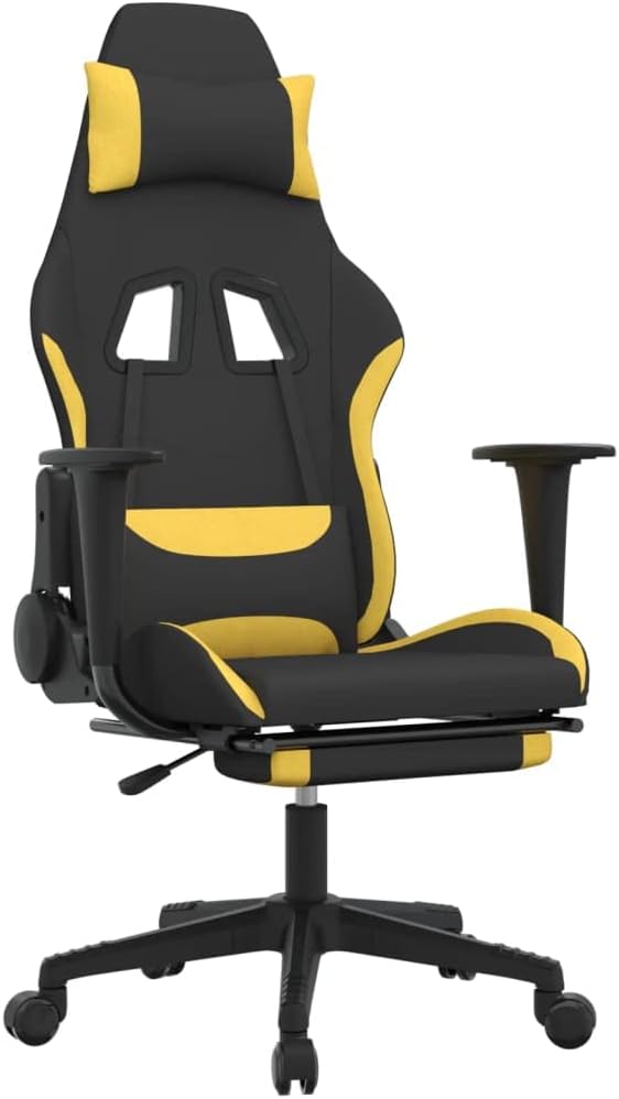 Adjustable Gaming Chair with Footrest - Black and Yellow Fabric