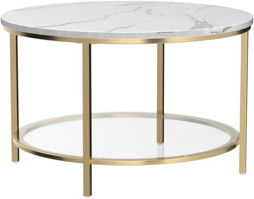 White Marble Round Coffee Table with Glass for Living Room, 2-Tier Circle Coffee Table