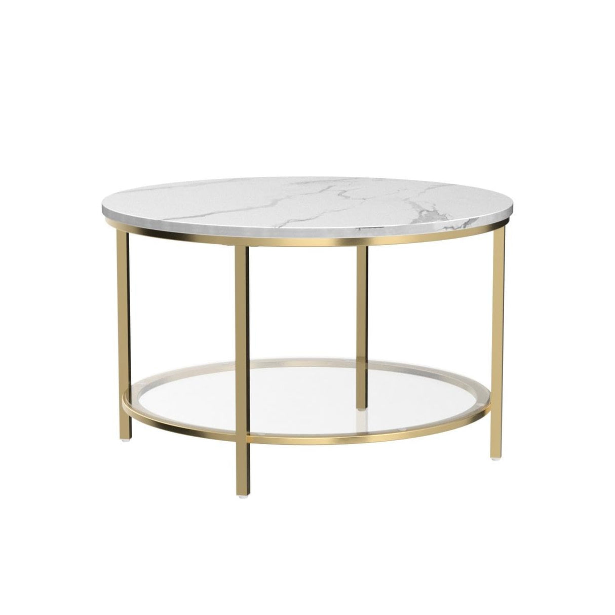 White Marble Round Coffee Table with Glass for Living Room, 2-Tier Circle Coffee Table