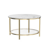 White Marble Round Coffee Table with Glass for Living Room, 2-Tier Circle Coffee Table