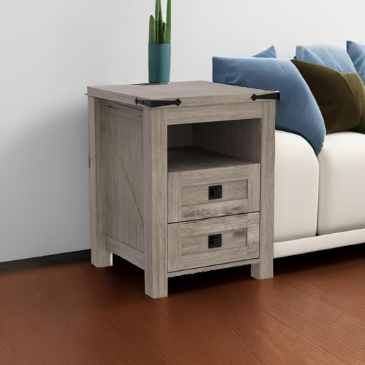 Nightstand wtih Charging Station, End Table, Side Table with 2 Drawers Storage Cabinet