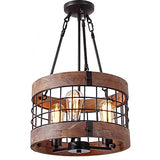 Round Wooden Chandelier Metal Pendant Three Lights Decorative Lighting Fixture Retro