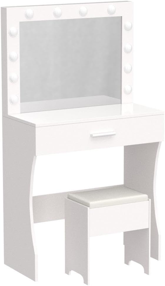 Vanity Table Set with Lighted Mirror - Makeup Vanity with Lights, Adjustable Brightness, Large Drawer Sturdy Wood Vanity, White 80x40x140cm