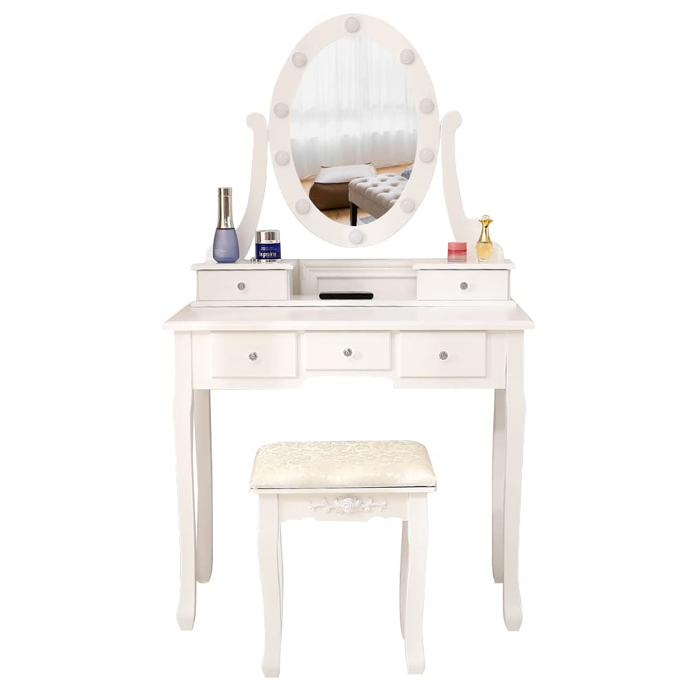 Light Bulb Single Mirror 5 Drawer Dressing Table White，Vanity Table with Mirrors,Makeup