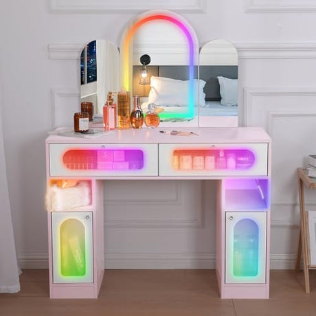 RGB Vanity Desk with Mirror and Lights,LED Makeup Table with Tri-fold Mirror,2 Drawers