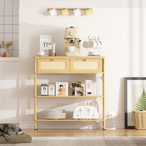 Bamboo Console Table with Drawers and Power Outlets