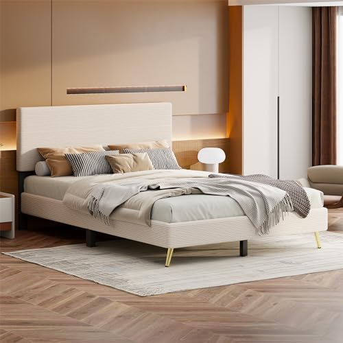 Queen Size Corduroy Upholstered Platform Bed Frame with Horizontal Stripe Headboard