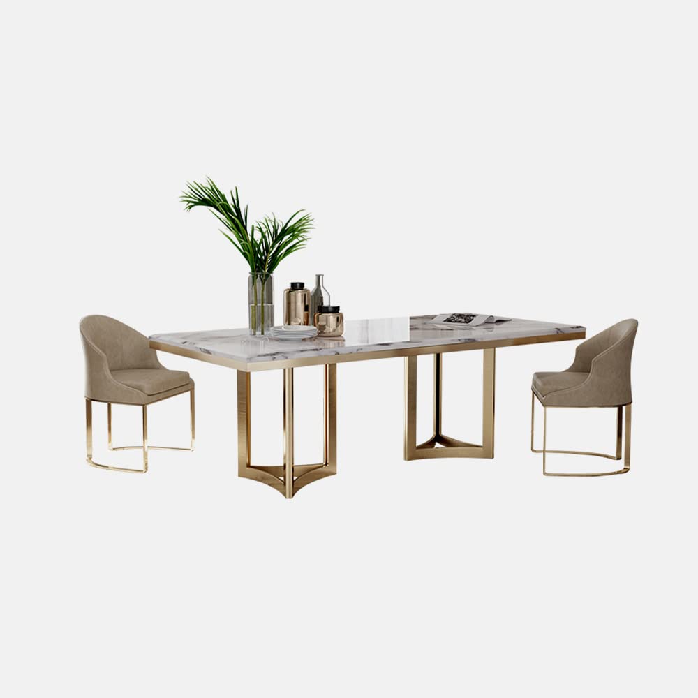 Dining Room Table Set for 6, Rectangular Marble Table with Chairs, Glossy White Tableop,