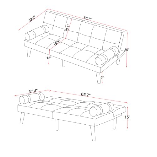 Sofa Bed, Linen Upholstered Modern Convertible Futon with Removable Armrests