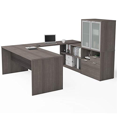 U Shape Computer Desk with Hutch in Bark Gray